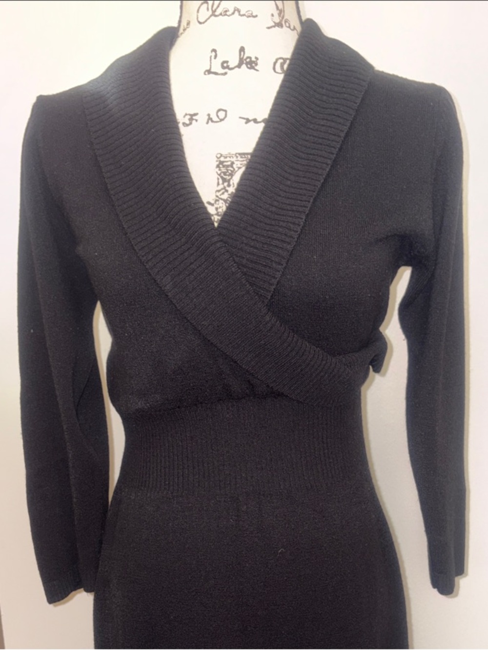 Black Knit Wrap-Style Long Sleeve Dress
